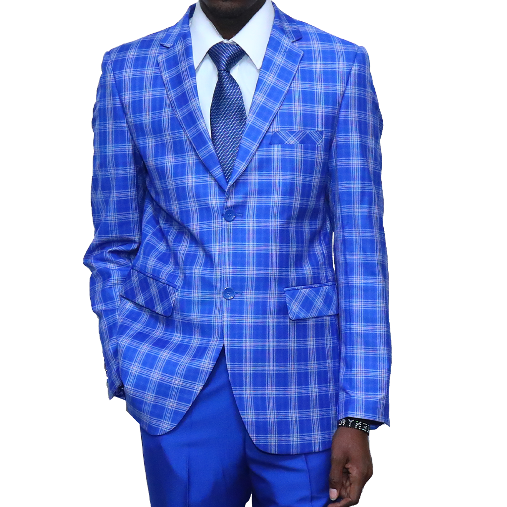 Sky-blue Checked Slim-fit Suit